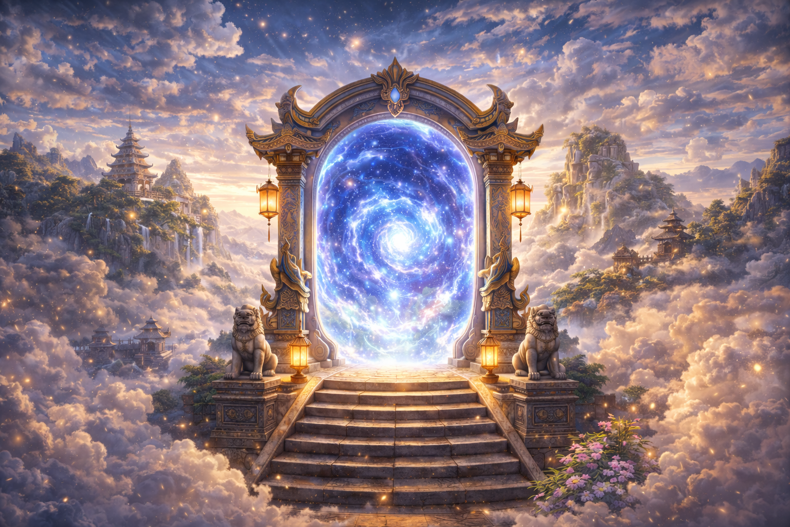 Character gazing over an oriental skyline